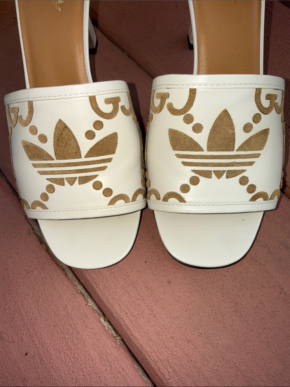 Gucci Cream Leather Slide Mules with Gold Logo Pattern - Picture 3 of 16